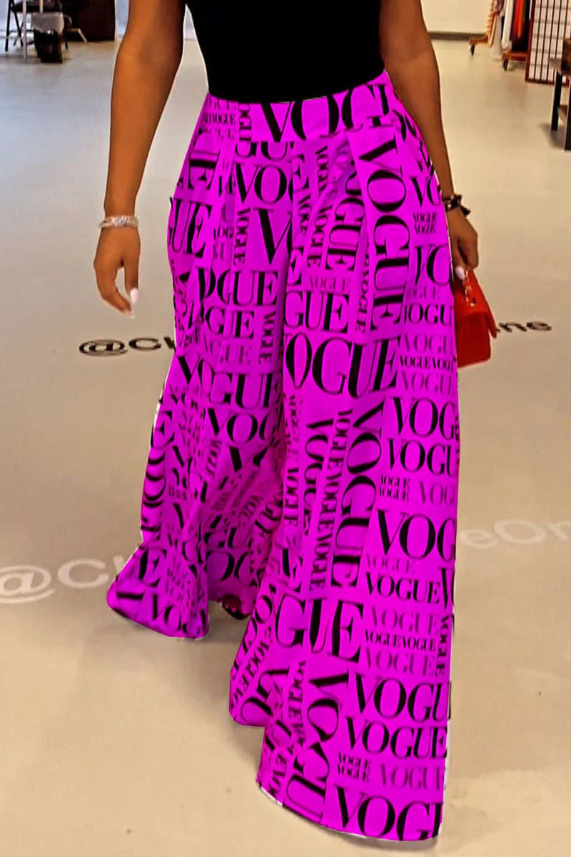 College Print Split Joint Loose High Waist Wide Leg Full Print Bottoms