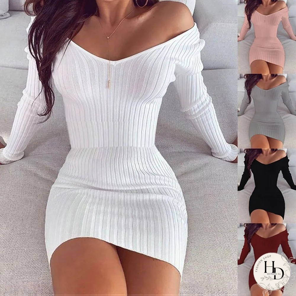 Fashion Bodycon Dress Solid Color Deep V-neck Off The Shoulder Long Sleeve Autumn Winter Dresses