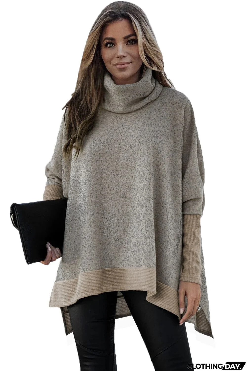 Turtleneck Bat Sleeve Side Slit Tunic Top