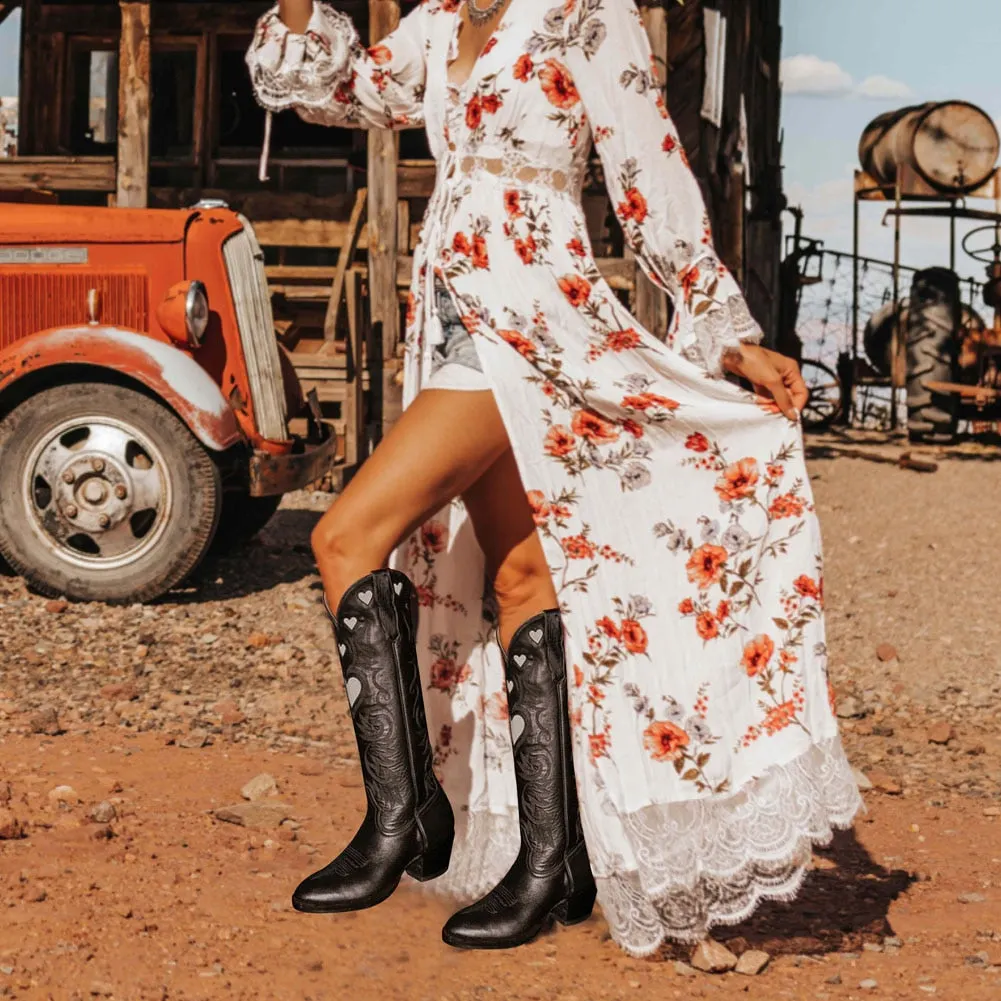 Female Vintage Cowboy Flag Chunky Heel Slip On Western Women Boots Cowgirls Retro Brand Autumn Ridding Boots For Women