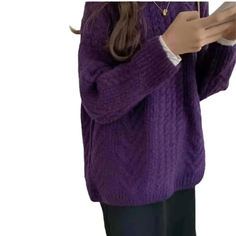 Churchf Churchf Thick Twist Pure Color Loose Sweater Female Autumn Dong New Round Collar Lazy Wind Sweater Jacket