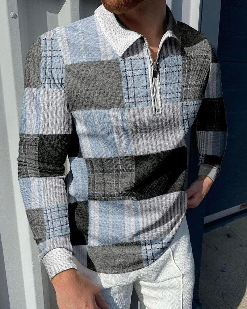 men's casual plaid polo long sleeves