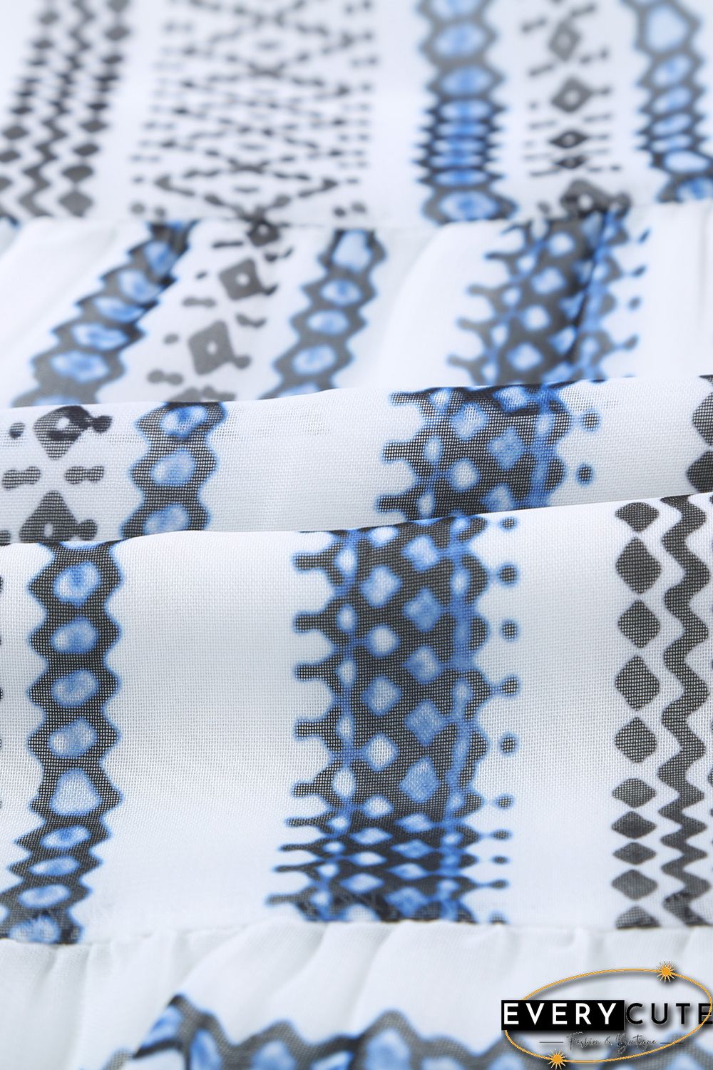 Sky Blue Geometric Print V neck Flare Half Sleeve Ruffle Swing Mini Dress