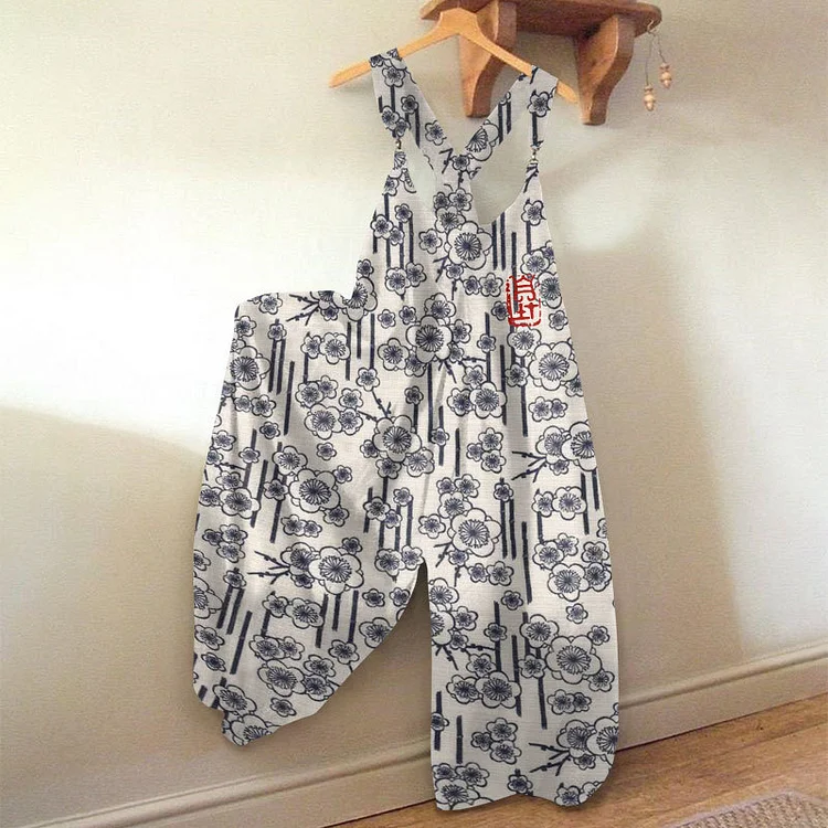 Japanese Art Flower Print Loose Casual Jumpsuit