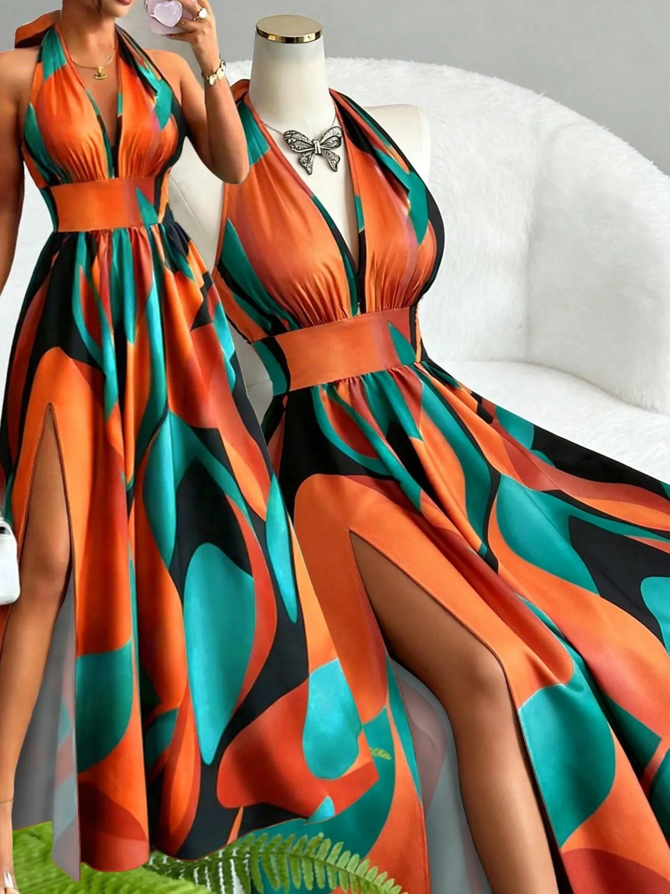 All Over Print Halter Long Dress, Deep V Neck Split Dress, Vintage Style, Sleeveless Backless Dress for Beach and Vacation, Summer New Arrival All Over Print Halter Long Dress, Deep V Neck Split Dress, Vintage Style, Sleeveless Backless Dress for Beach and Vacation, Summer New Arrival