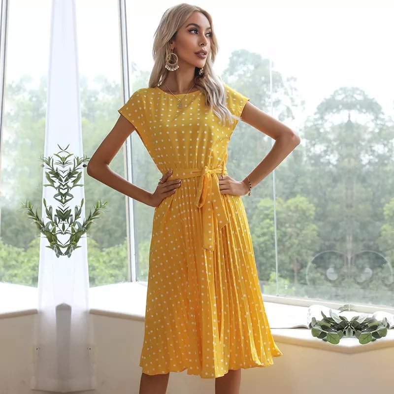 2022 Hot Sale-Mid-length polka-dot round neck short-sleeved lace-up dress