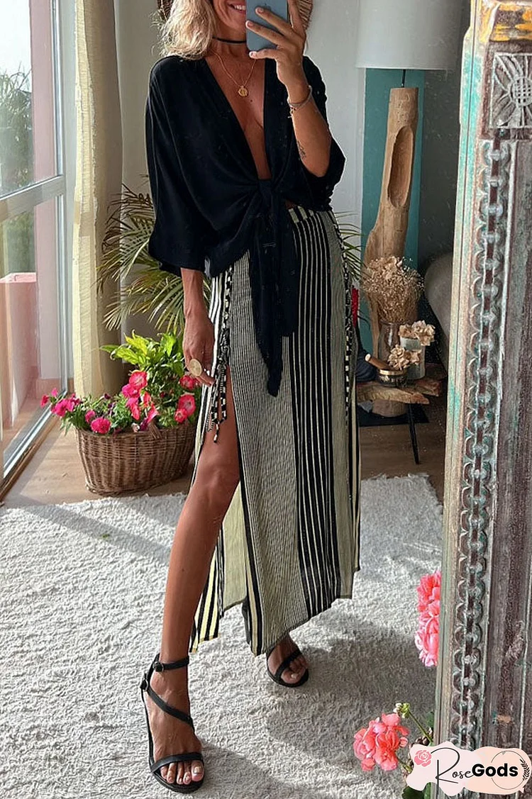 Angel Dust Tie Front Top and Striped Lace-Up Slit Skirt Set