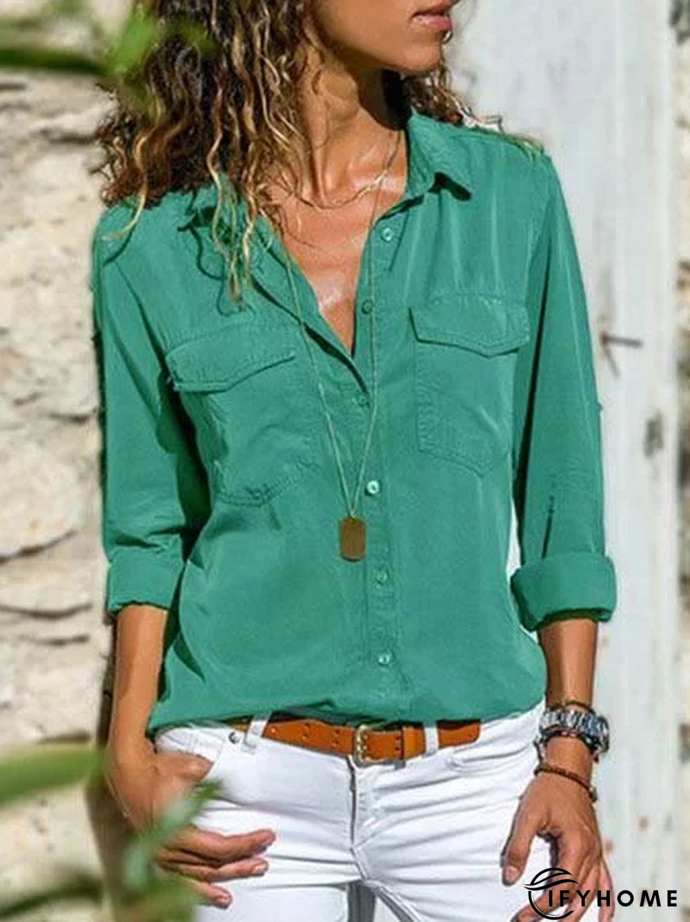 Women Fashion Turn Down Collar Solid  V Neck Long Sleeve Blouse | IFYHOME