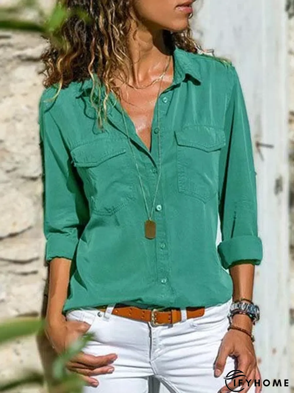 Women Fashion Turn Down Collar Solid  V Neck Long Sleeve Blouse | IFYHOME