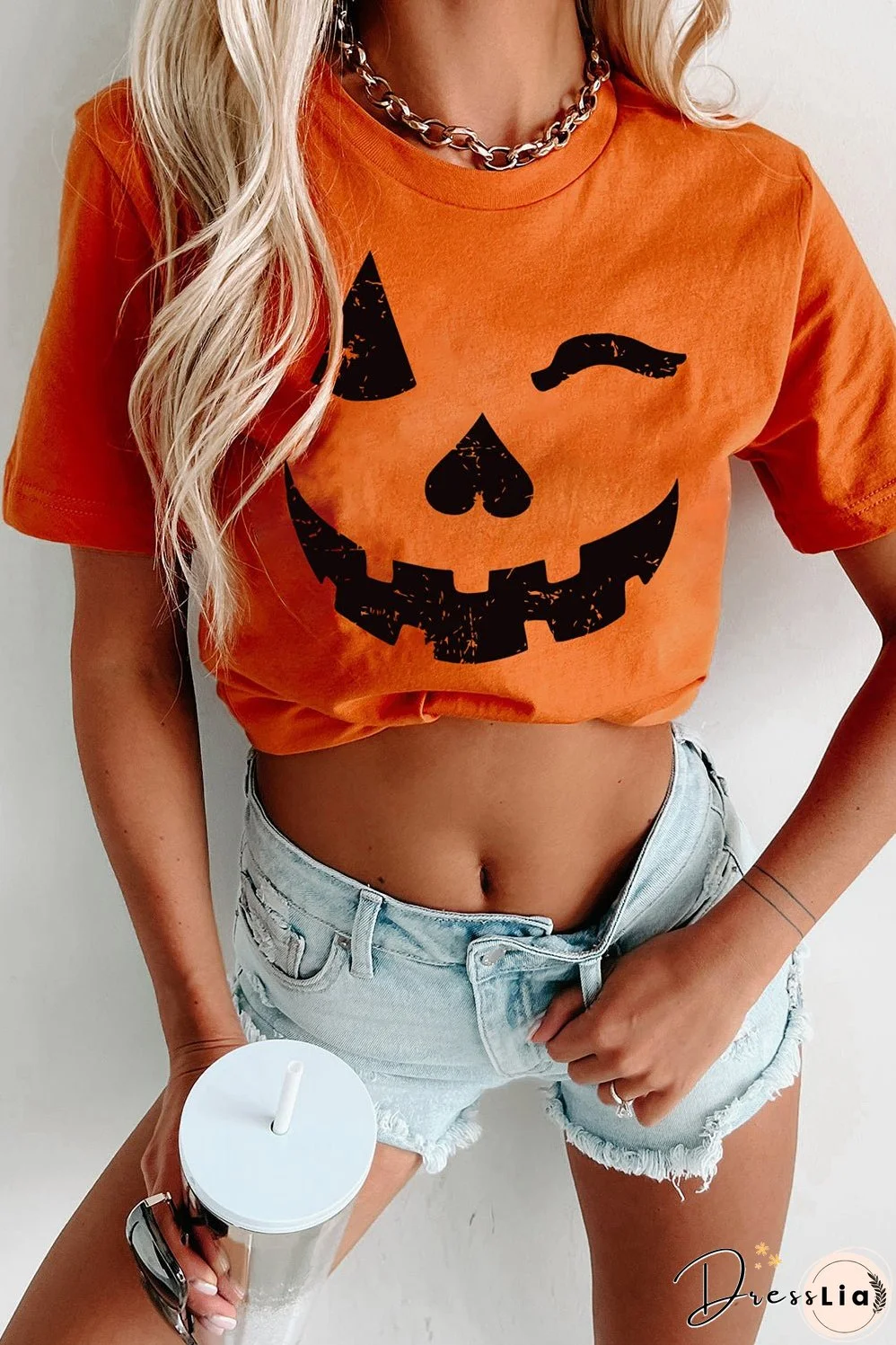 Spooky Pumpkin Face Print Women's Halloween T-Shirt