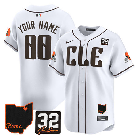 Youth Cleveland Browns White 2025 Jim Brown Memorial & Home Patch Vapor Limited Custom Jersey