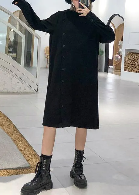 black Cotton tunic top stand collar Button cotton fall Dress
