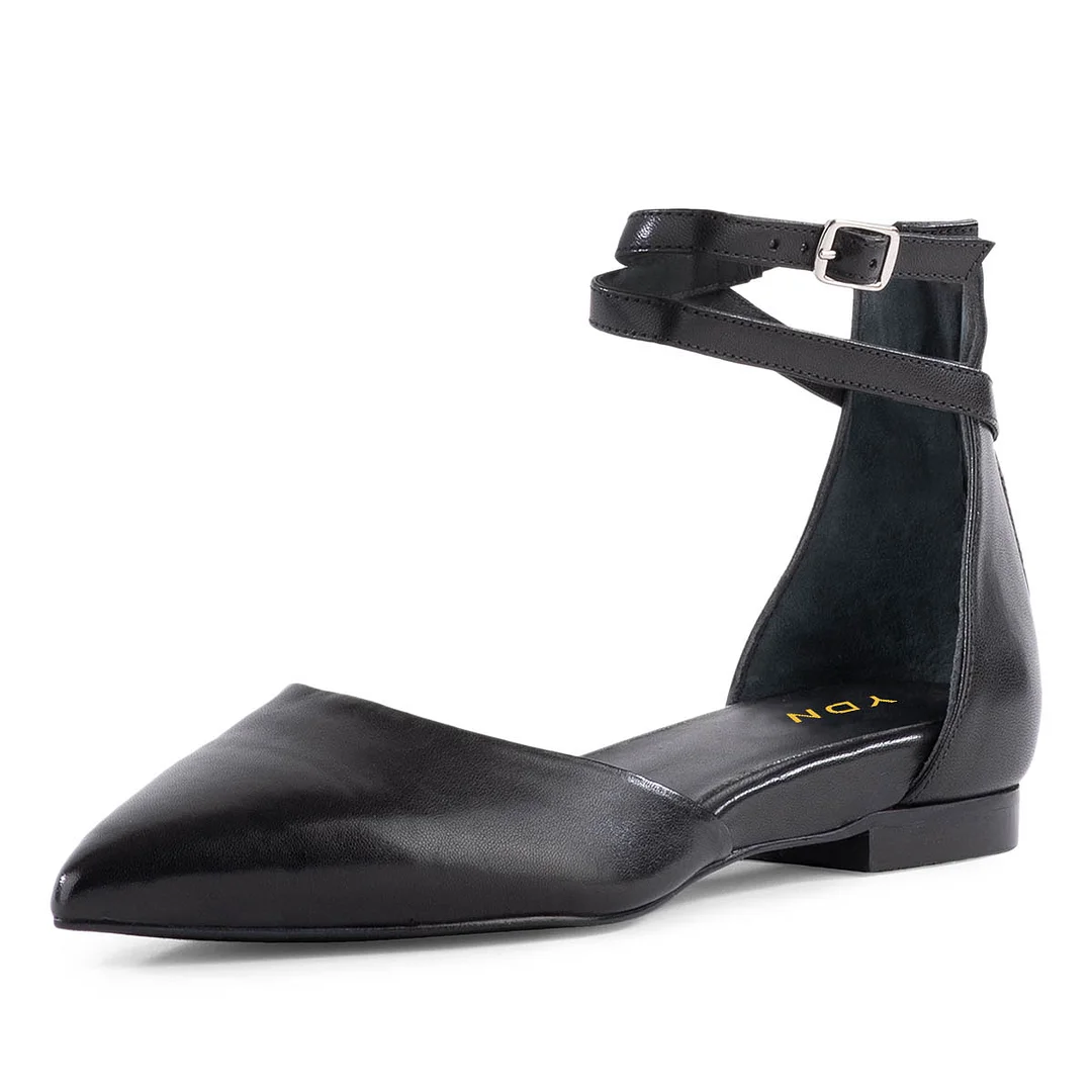 Comfortable Pointed Toe Zipped Flat Ankle Strap Pumps Shoes in Black