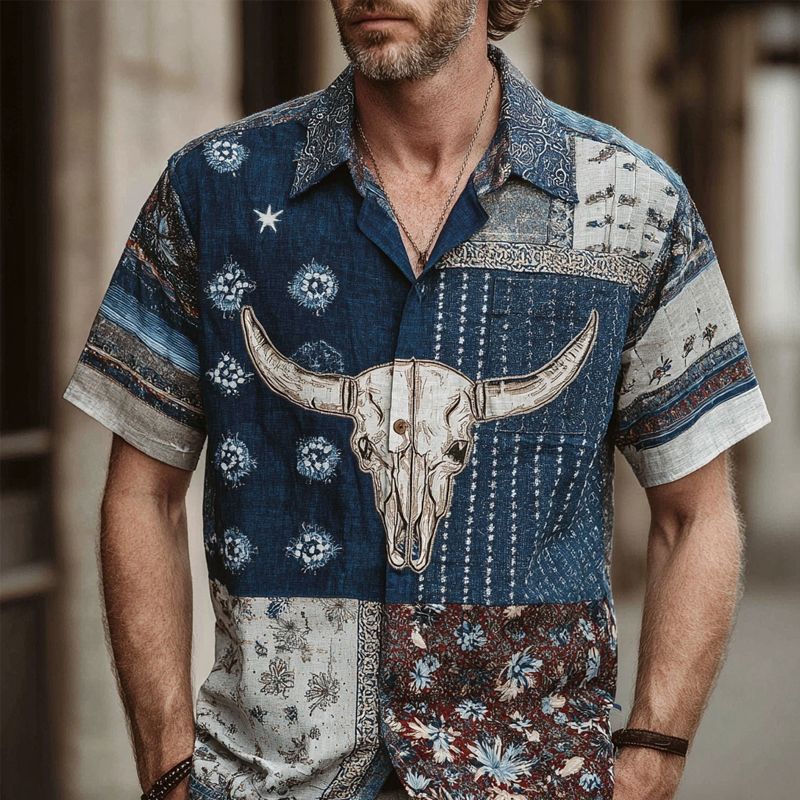 Men's Western Bull Skull Vintage Patchwork Linen Shirt