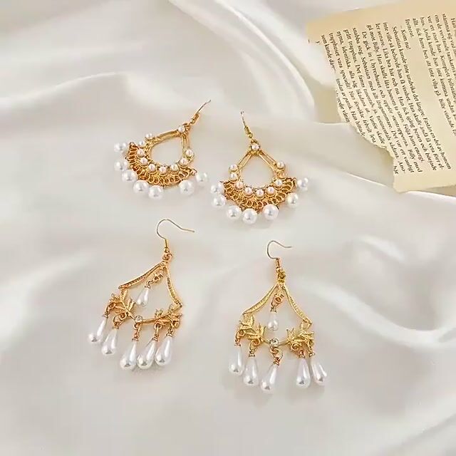 Palace Style Pearl Long Gold Plated Earrings