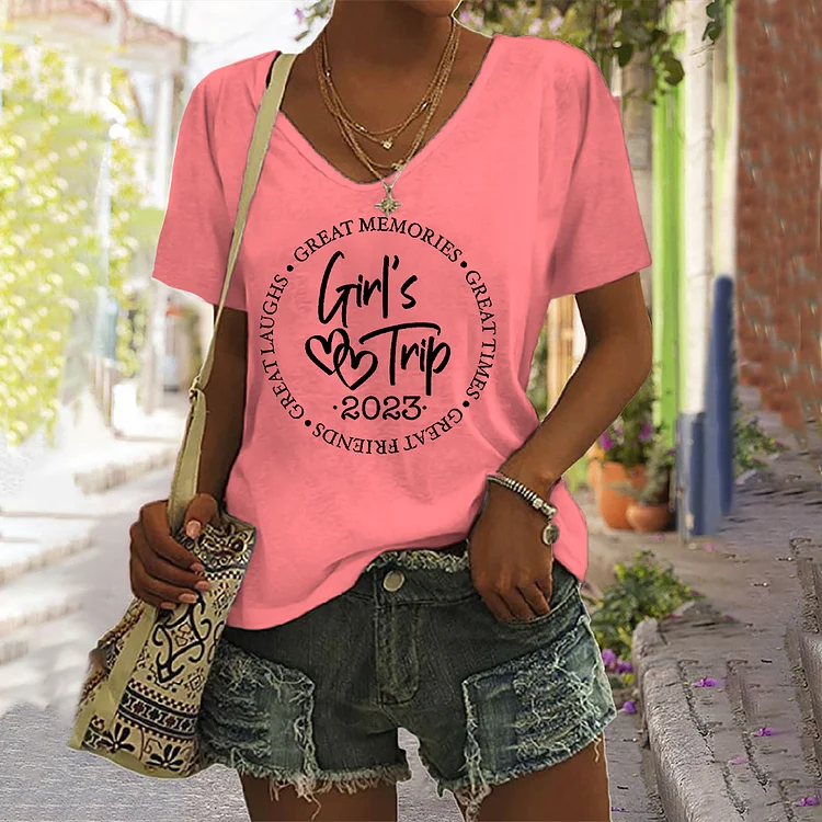 VChics Girl's Trip 2023 Letter Print V Neck Casual T-Shirt