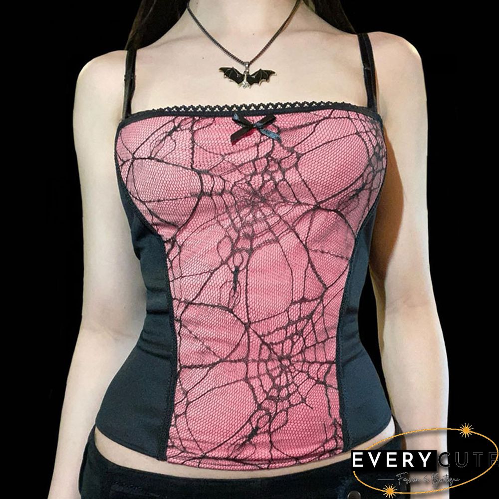 Vintage Harajuku Gothic Goth Top Spiders Web Graphic Cutout Zipper Camisoles Punk Summer