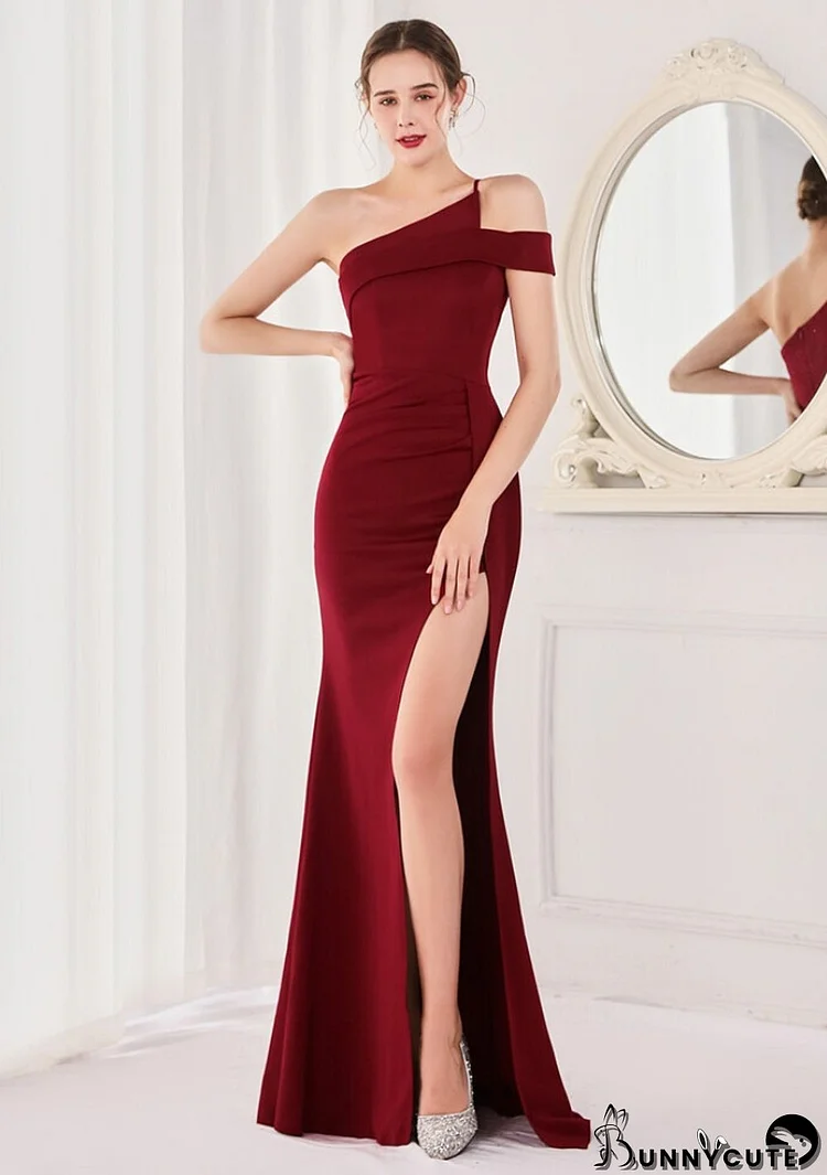 Spring Elegant Wine Red One Shoulder High Slit Cocktail Eevening Dress