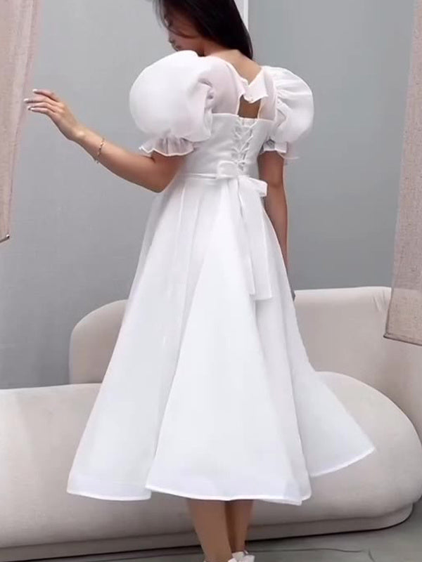 Women's Puff Sleeve Square Collar Solid Color Midi Dress