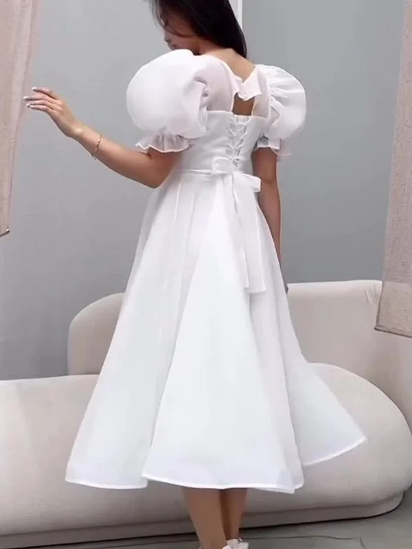 Women's Puff Sleeve Square Collar Solid Color Midi Dress