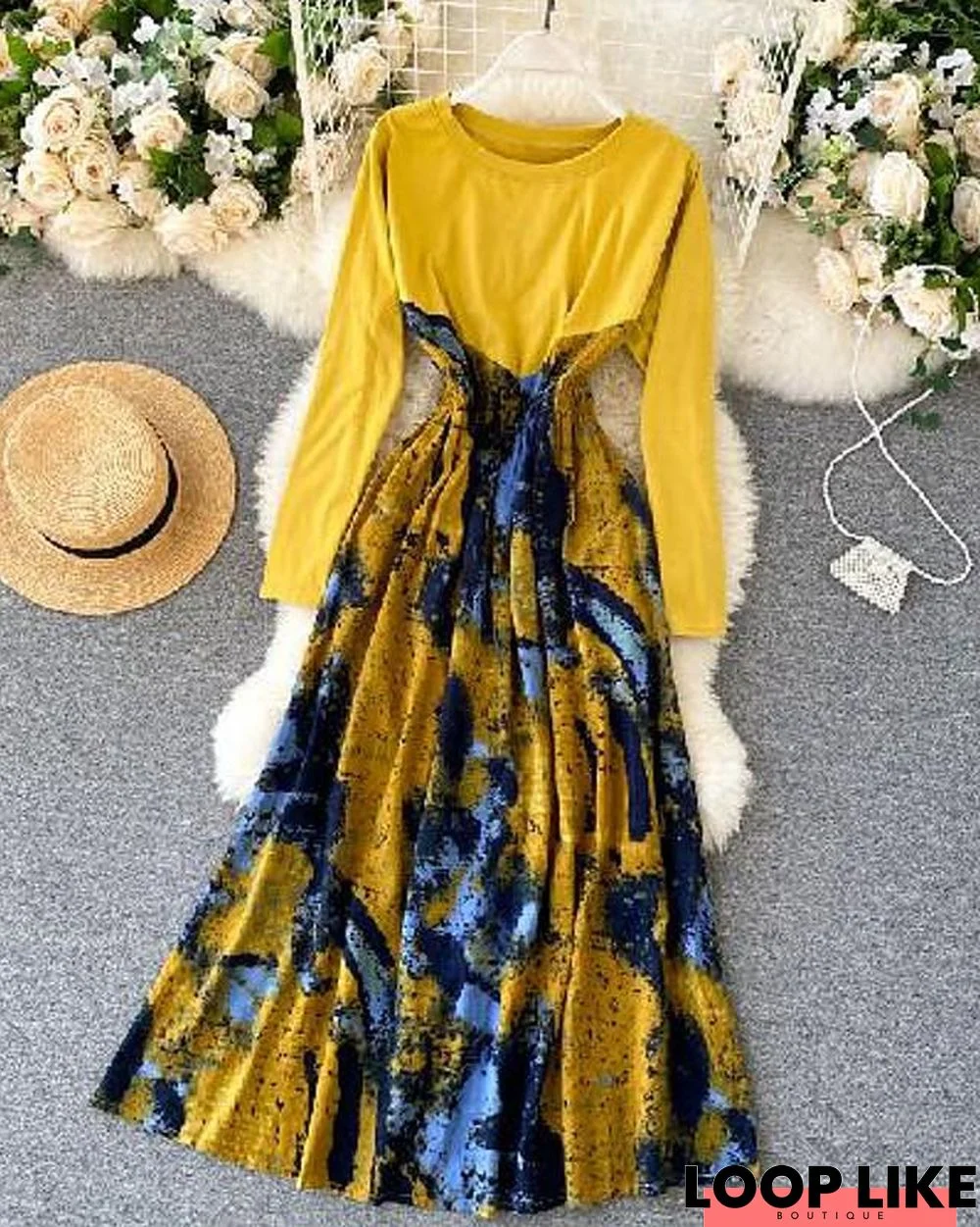 Women's A-Line Dress Maxi Long Dress Long Sleeve Print Patchwork Print Fall Winter Casual Vacation Dresses Yellow