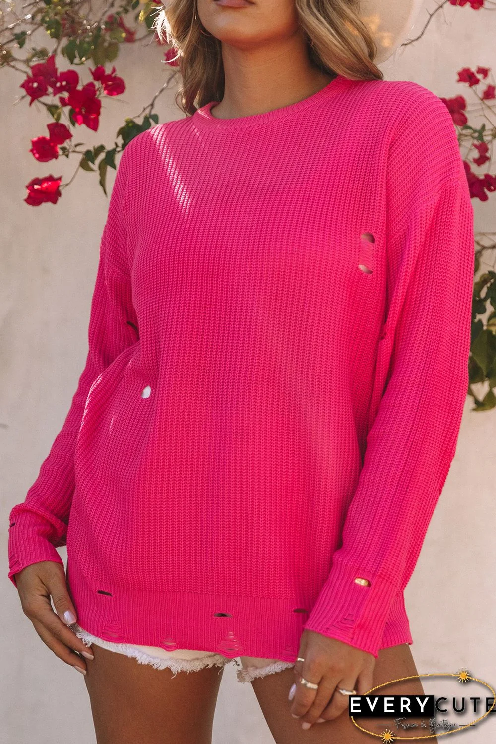 Rose Ripped Long Sleeve Ribbed Sweater