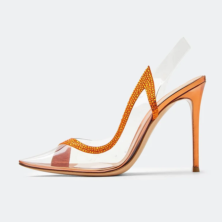 FSJ Orange Slingback Heels Pointed Toe Rhinestone Decor Clear Pumps |FSJ Shoes