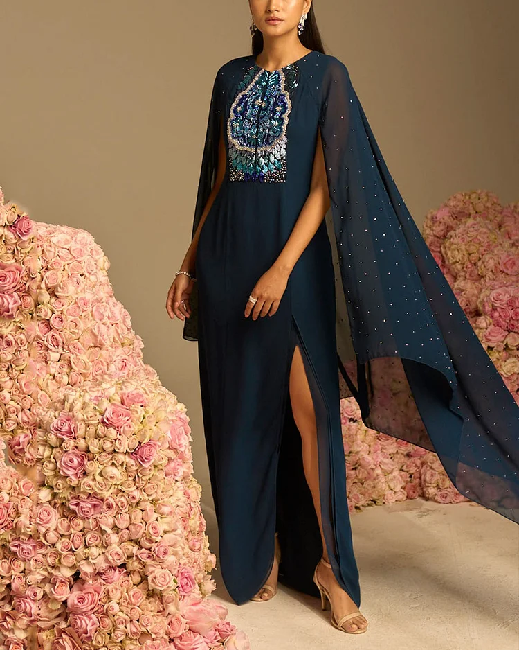 Blue Georgette Anka Embroidered Gown