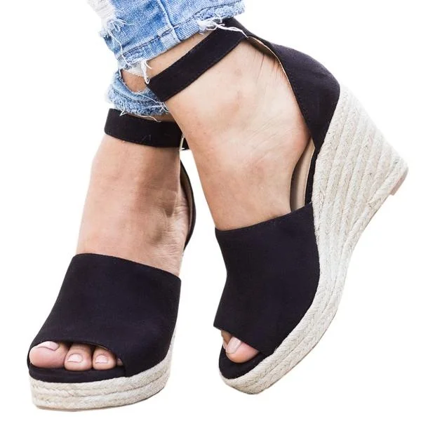 Black Vegan Suede Wedge Sandals Peep Toe Ankle Strap Platform Heels |FSJ Shoes