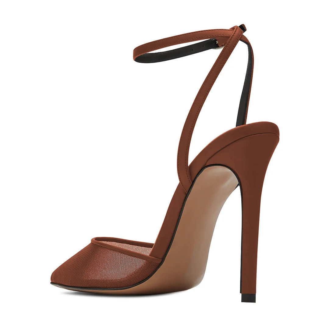 Elegant Mesh & Satin Buckle Fastening Ankle Strappy Brown High Heels
