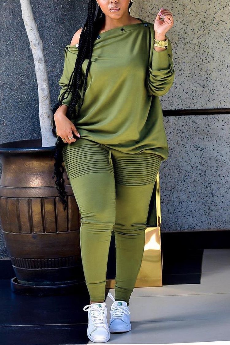 Xpluswear Plus Size Casual Dark Green Long Sleeves Oblique Collar Two Pieces Set