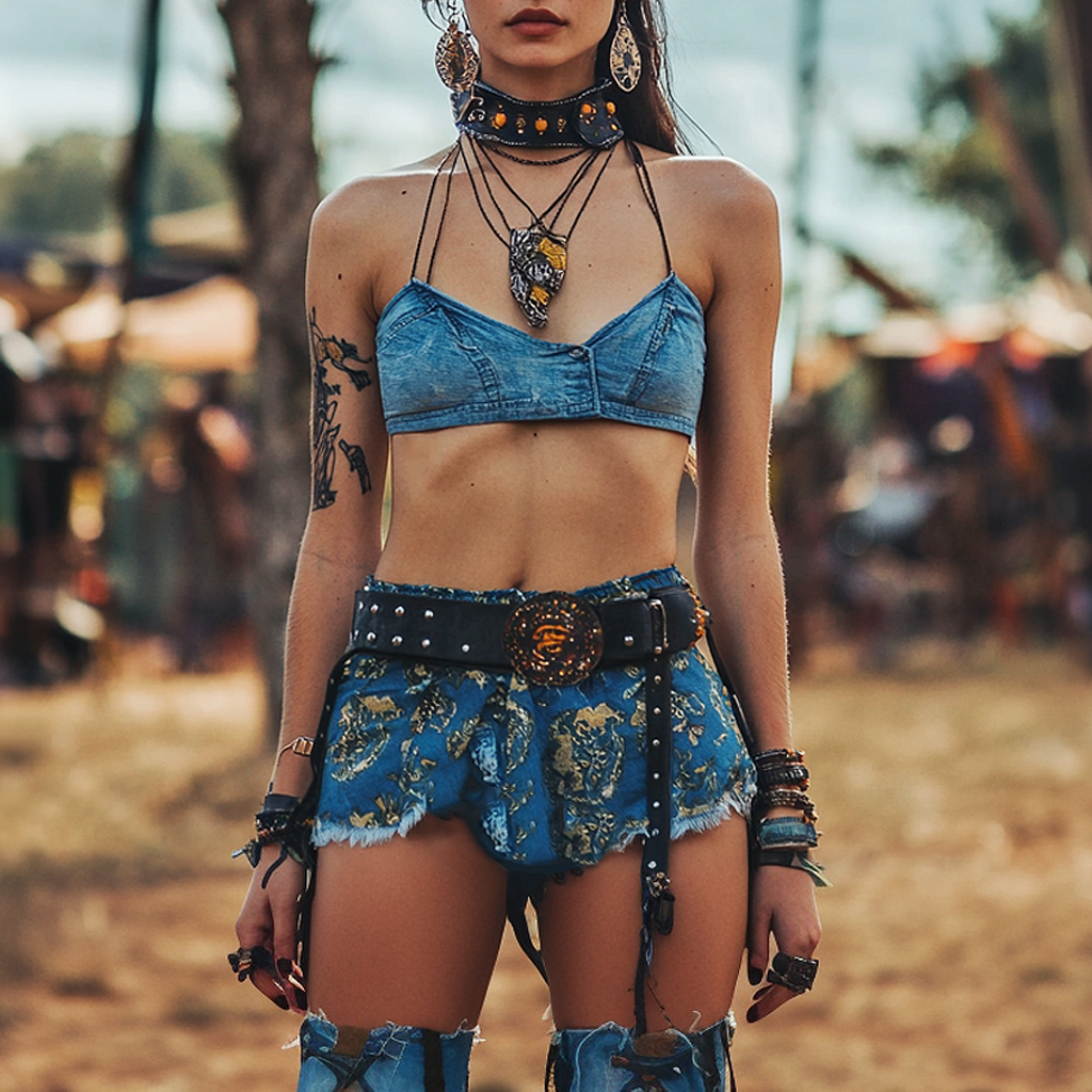 Western Retro Blue Denim Halter Top And Mini Denim Skirt Set