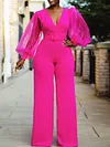 Fluorescent Deep V-Neck Mesh Puff Sleeves Belted Loose Jumpsuit