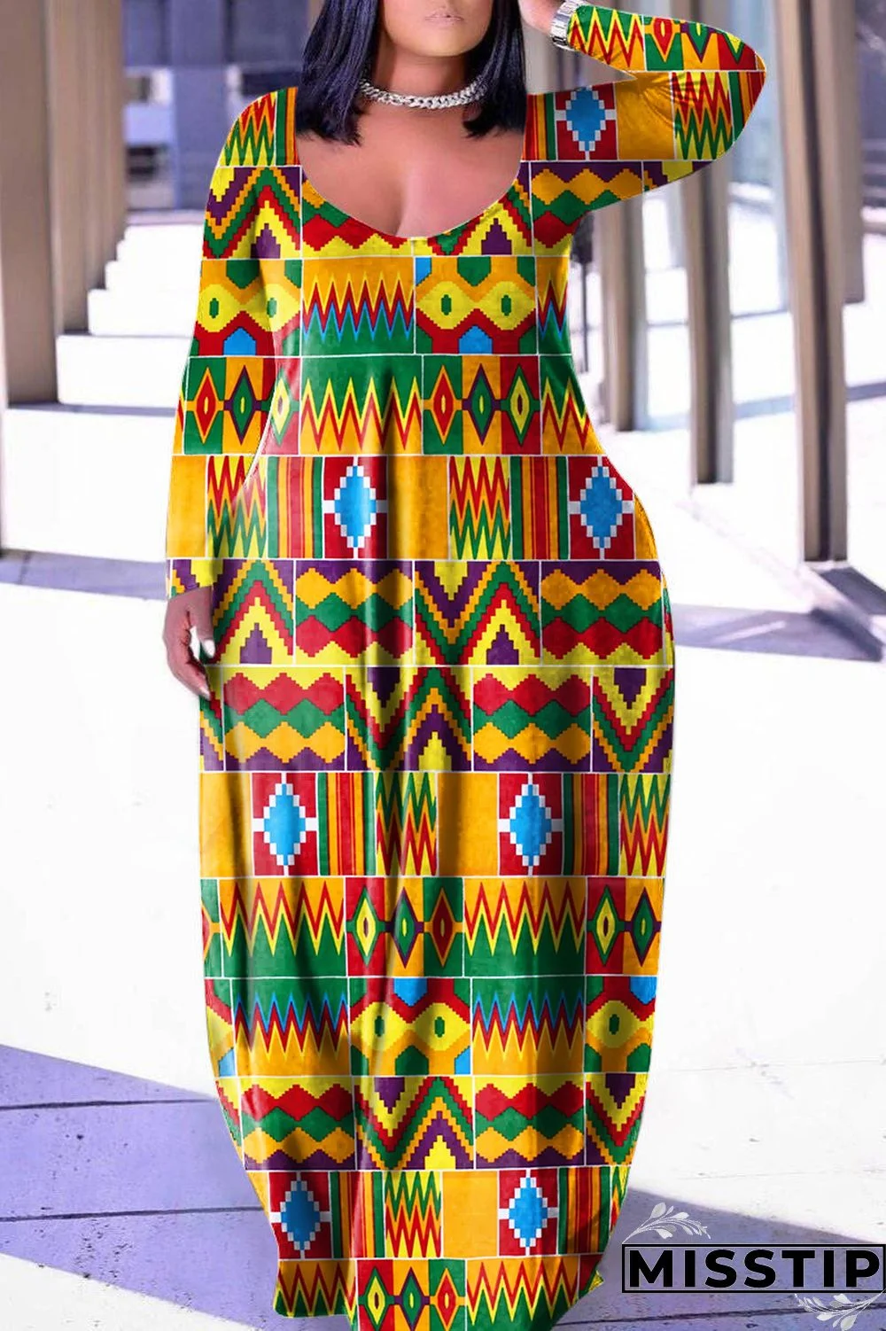 Grey Casual Print Basic V Neck Long Sleeve Dresses