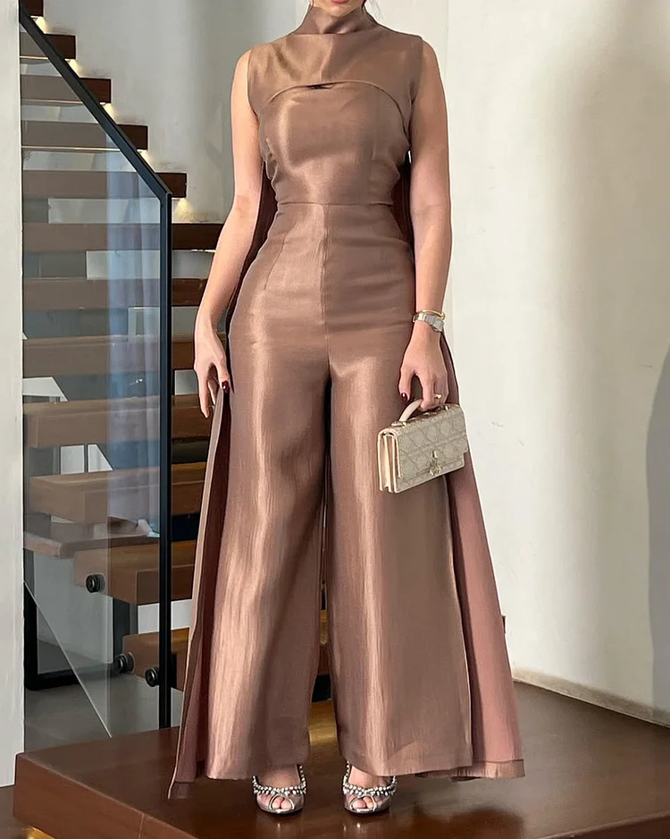Cape-style solid color sleeveless jumpsuit two-piece set