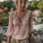 Boho Pink Roses Beaded Embroidered Lace Flowy Tunic - Image 2