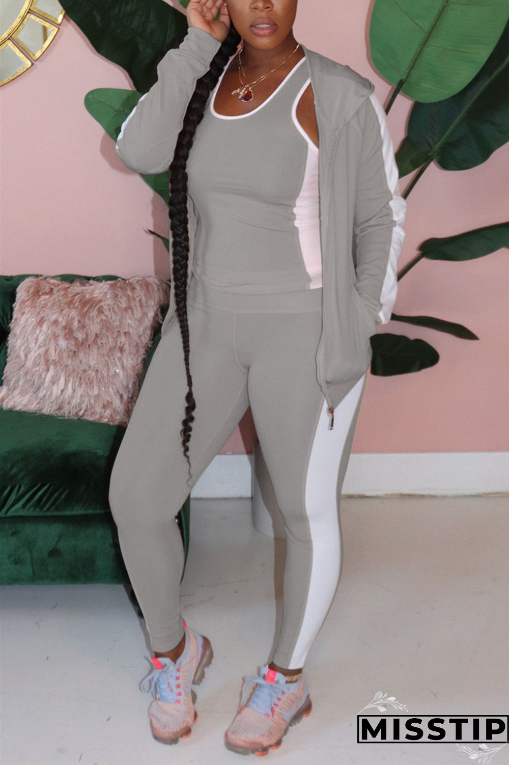 Grey Active Solid pencil Long Sleeve Two Pieces