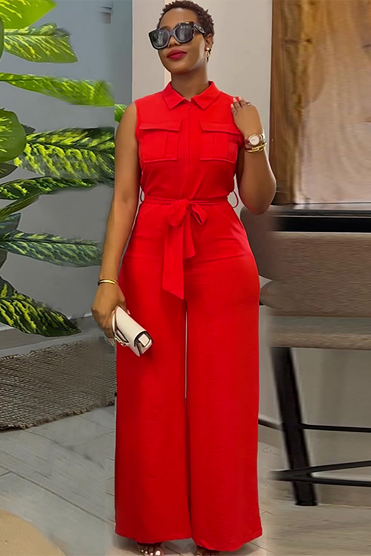 Sleeveless Turndown Collar Pocket Tie Up Wide Leg Jumpsuit-Red