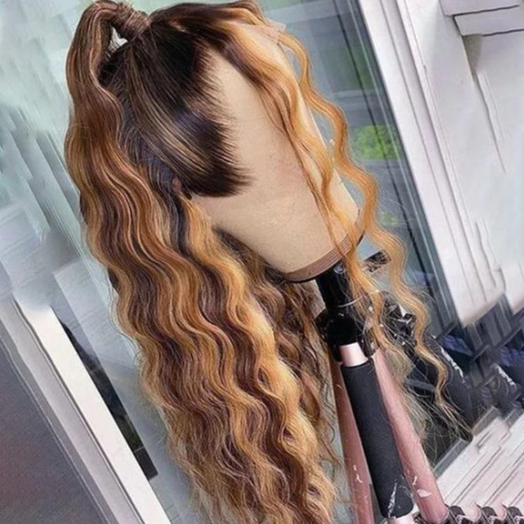 Honey Brown Highlights Loose Deep Wave Lace Front Wig