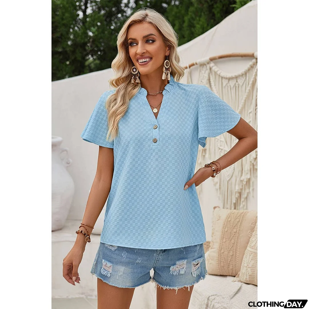 Plaid Button V Ruffle Neck Loose Blouse