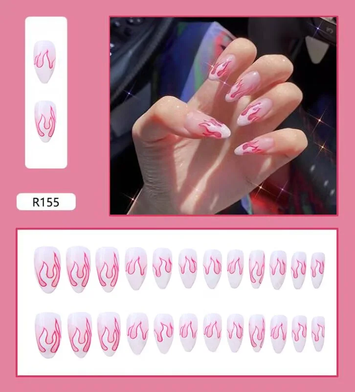 Personality Graffiti Flame Sweet Cool Girl False Nail Art Fake Nails With Glue And Sticker 24pcs/box-Nail Inspo
