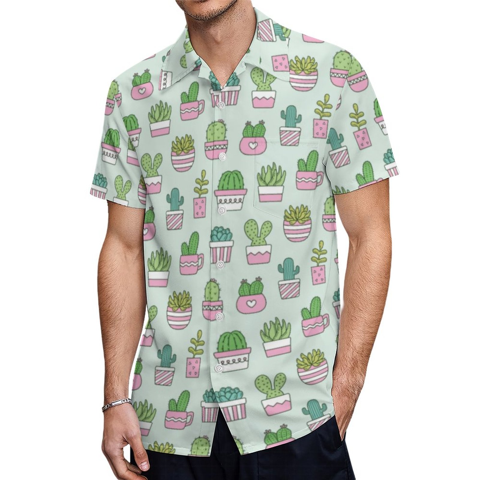 Cacti Succulents Plants Doodles Pattern Hawaiian Shirt Mens Button Down Plus Size Tropical Hawaii Beach Shirts