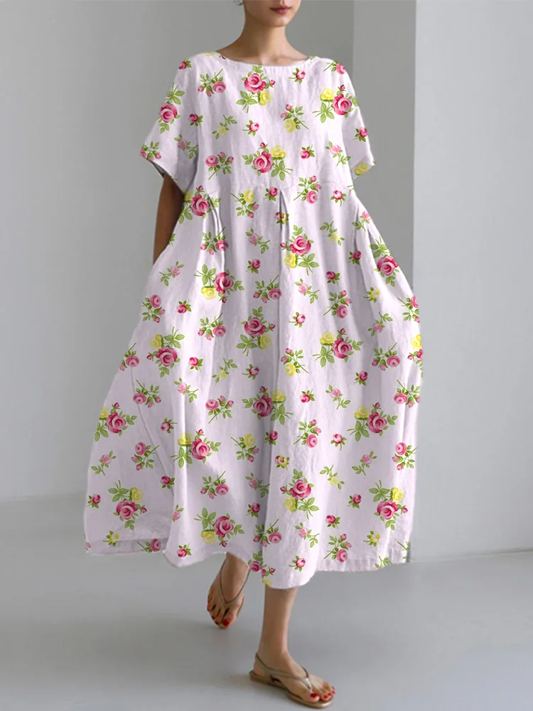 Rose Flower Print Linen Blend Midi Dress