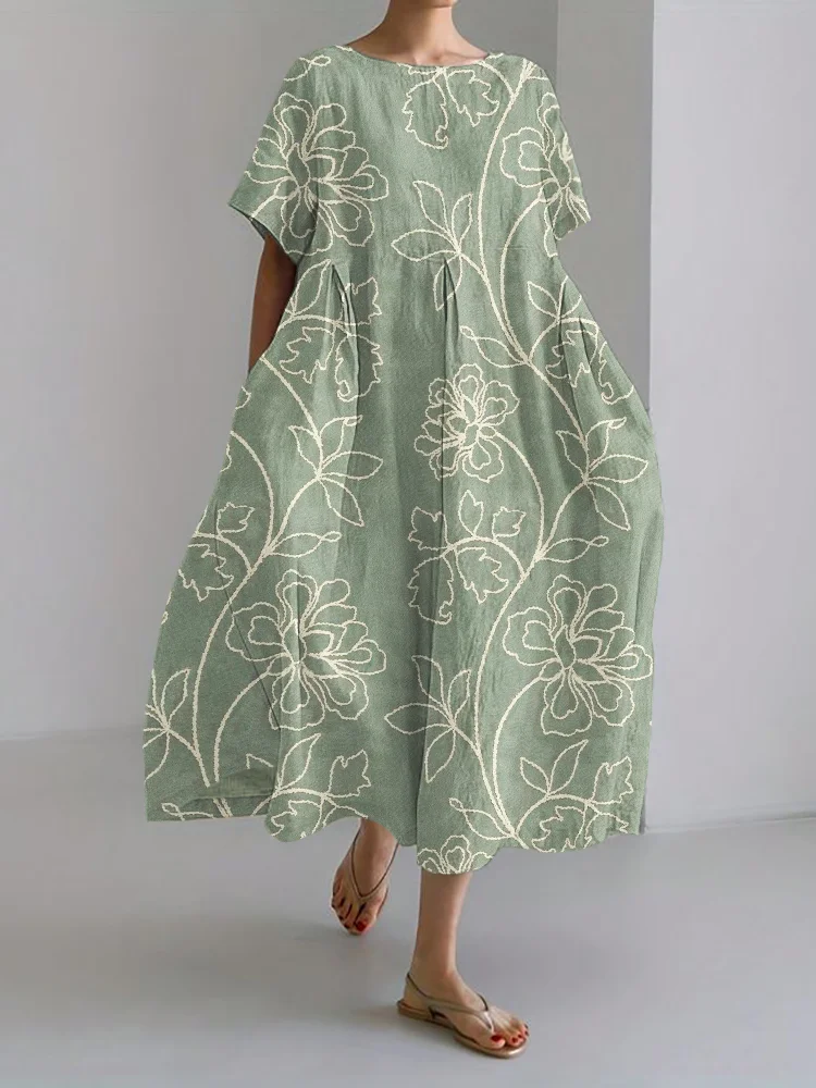 Classy Floral Embroidered Linen Blend Maxi Dress