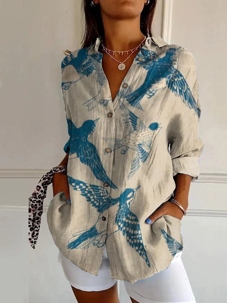 Vintage Bird Art Print Casual Long Sleeve Shirt