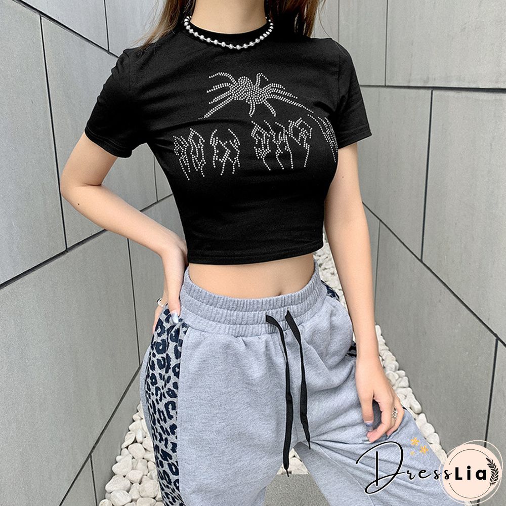 Punk Vintage Rhinestone Spider Graphic Black T-shirts Mall Goth O-neck Short Sleeve Crop Tops E-girl Aesthetics Tees