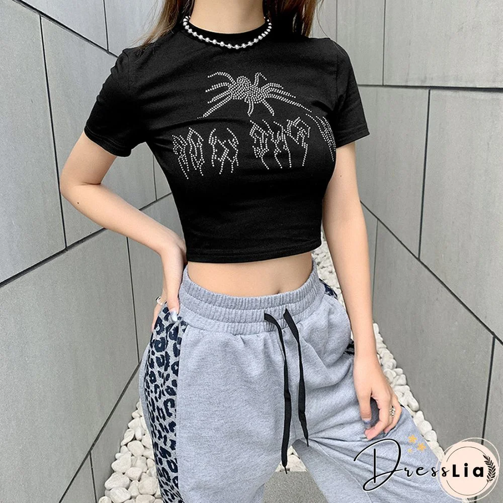 Punk Vintage Rhinestone Spider Graphic Black T-shirts Mall Goth O-neck Short Sleeve Crop Tops E-girl Aesthetics Tees