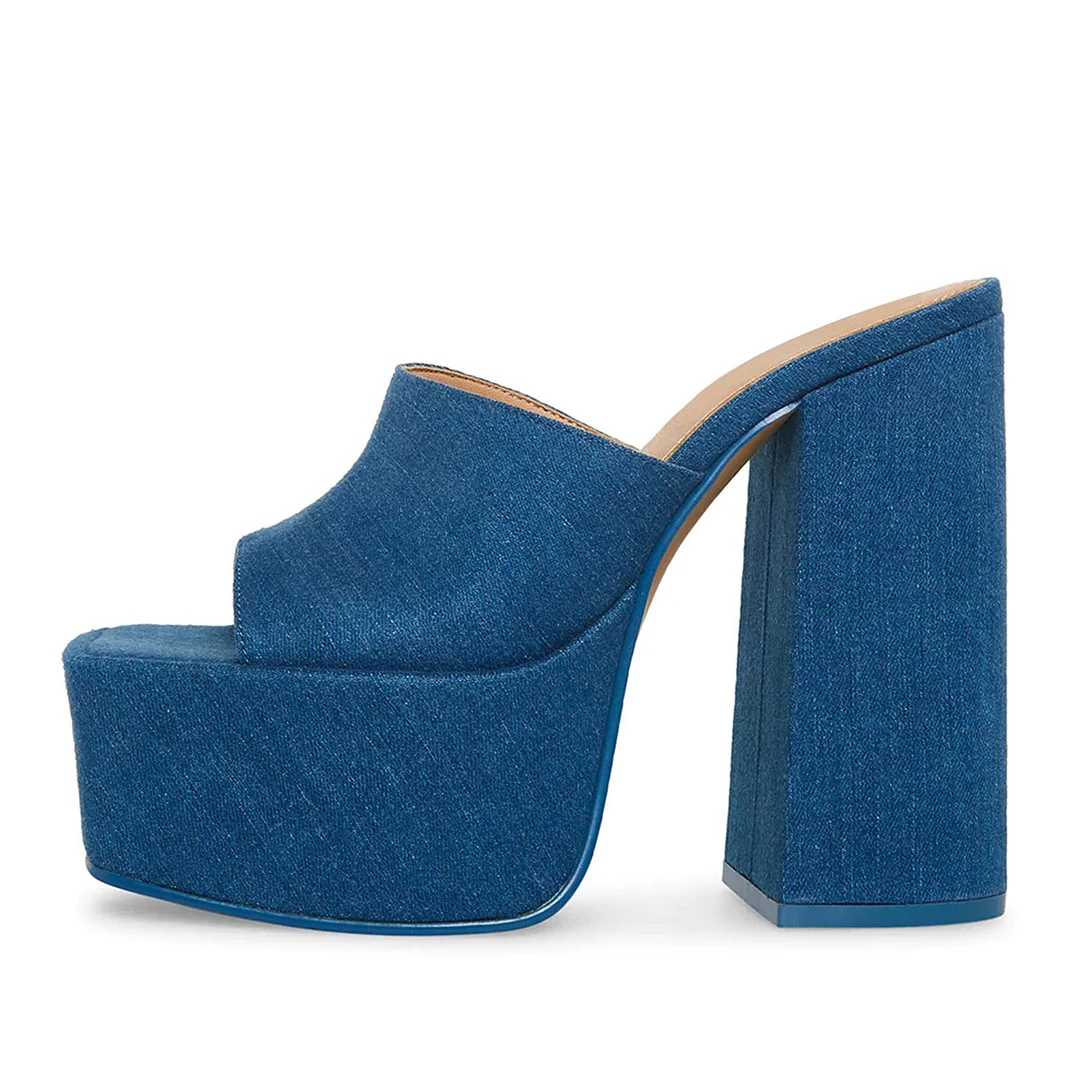 Blue Denim Square Toe Wide Band Platform Mules with Block Heel