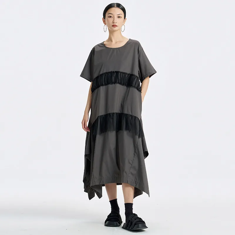Irregular Mesh Patchwork Short-Sleeve Dress