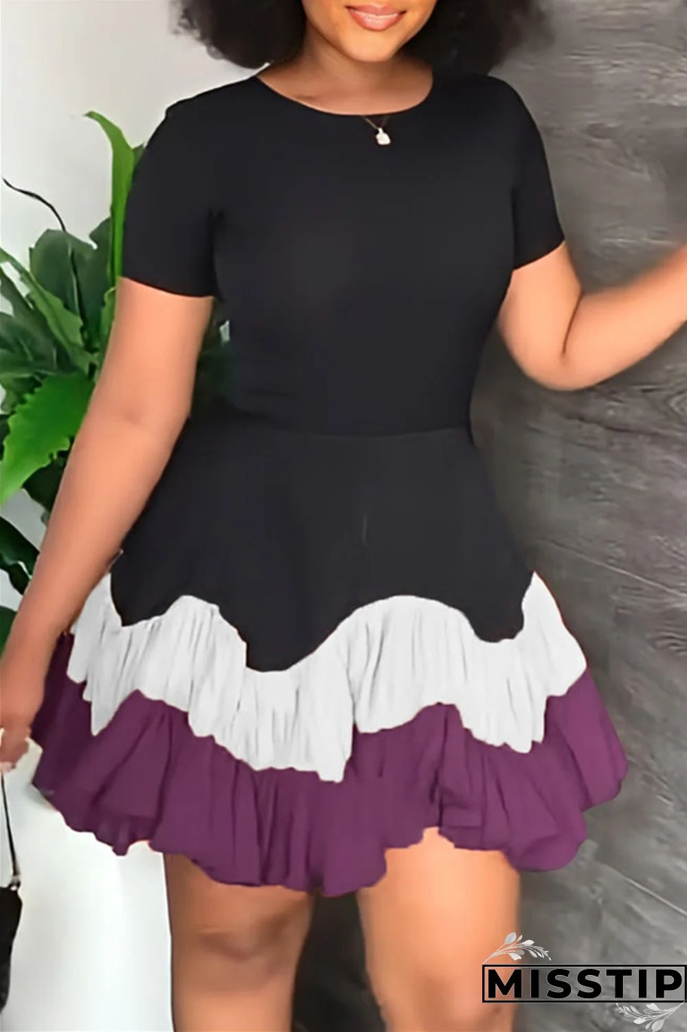 Blue Red Fashion Casual Solid Patchwork O Neck Short Sleeve Dress